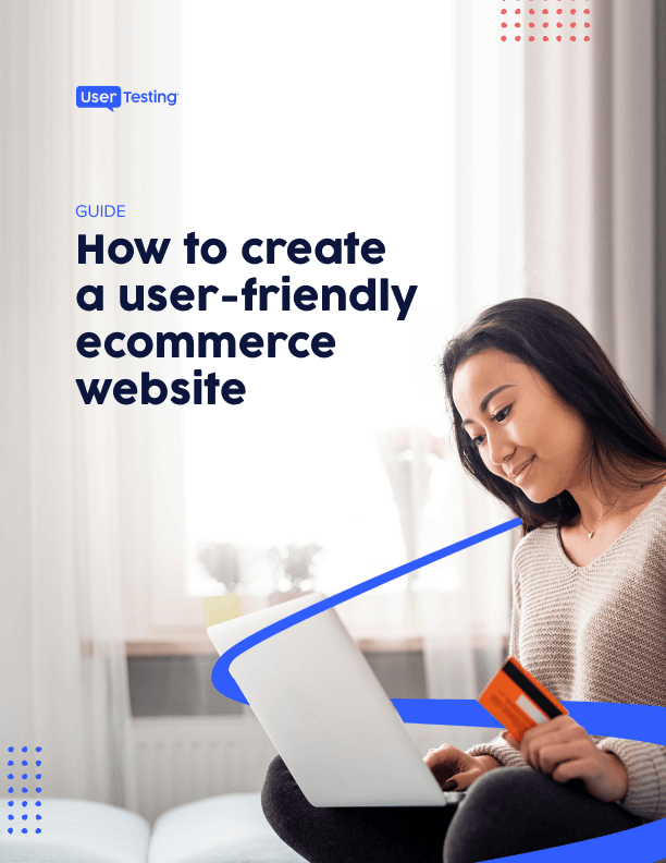 Cover of the guide: How to create a user-friendly ecommerce website with a woman looking at her laptop smiling