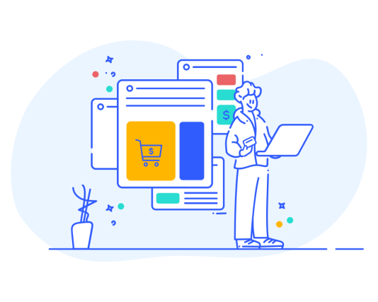 Illustration of person looking at their laptop with shopping cart website behind them