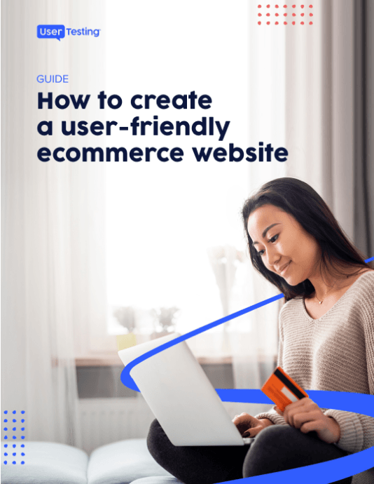 Cover of the guide: How to create a user-friendly ecommerce website with woman smiling looking at laptop with a credit card in hand