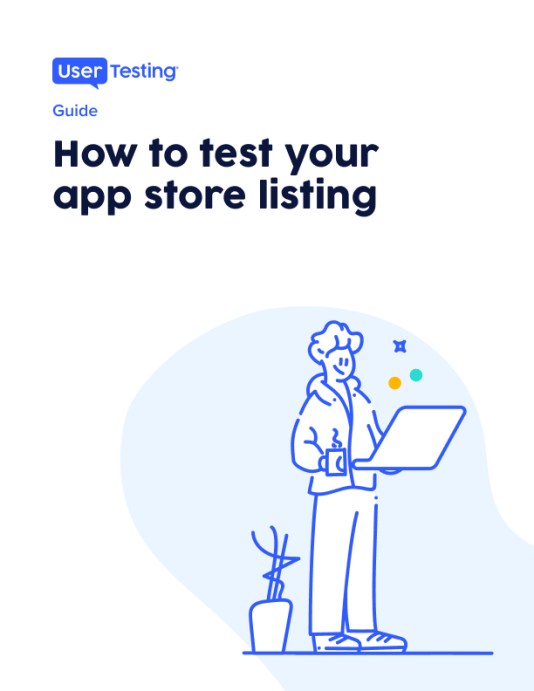 Cover of the guide how to test your app store listing with an illustration of a man smiling at his laptop