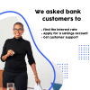 Woman smiling with the words we asked bank customers to find the interest rate, apply for a savings account, get customer support
