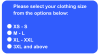 Plus-Size User Selection Screener Question for UX Testing: Interactive graphic showing a multiple-choice question with four options in a vertical list on a blue background. The question is 'Please select your clothing size from the options below:' with radio buttons to the left of each option. The options listed are 'XS - S', 'M - L', 'XL - XXL', and '3XL and above', with the intent for respondents to choose one that reflects their clothing size