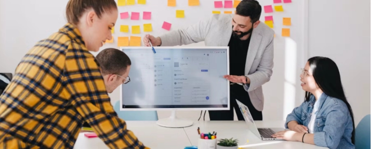 Photo of 4 business professionals reviewing a presentation on a computer monitor