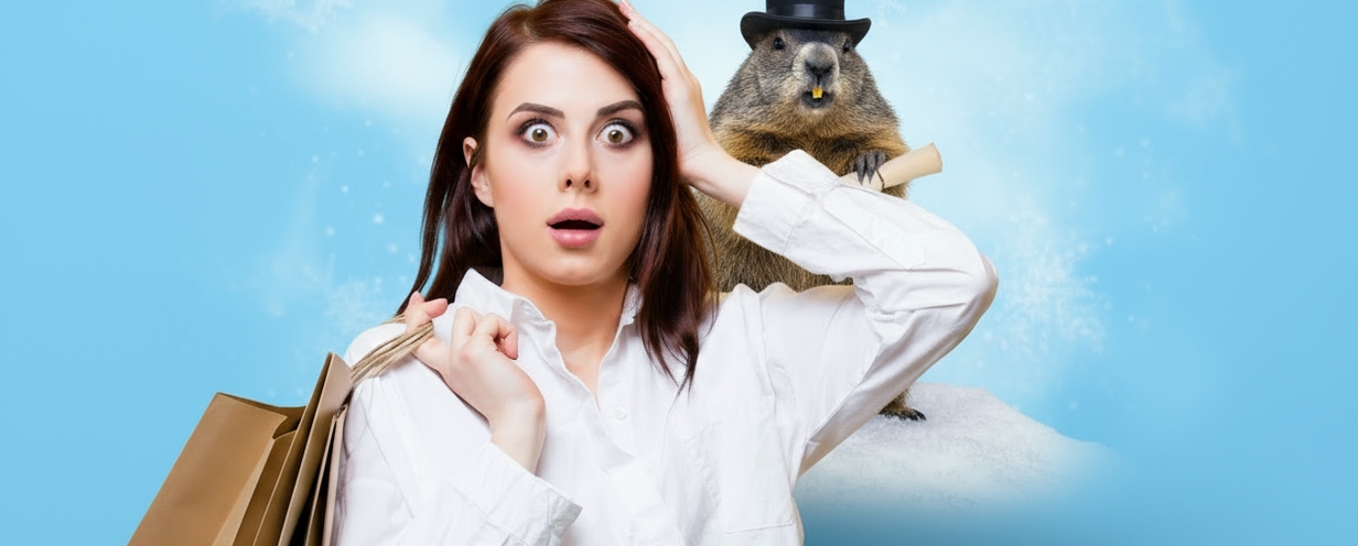 Image of a woman shopper with Punxsutawney Phil in the background