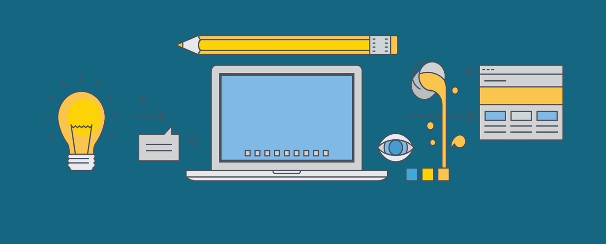 Illustration of a laptop, pencil, headphones, and a lightbulb illustrating ux design