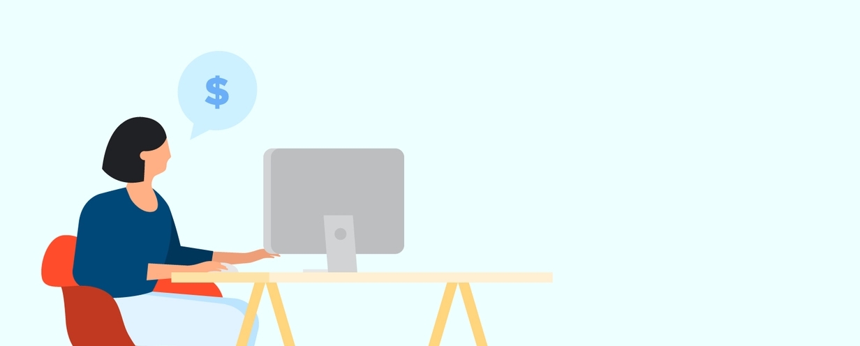 illustration of woman at laptop thinking about money