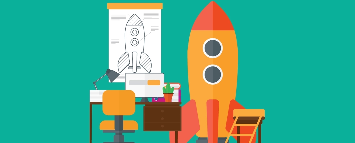 Illustration of a rocketship and a desk