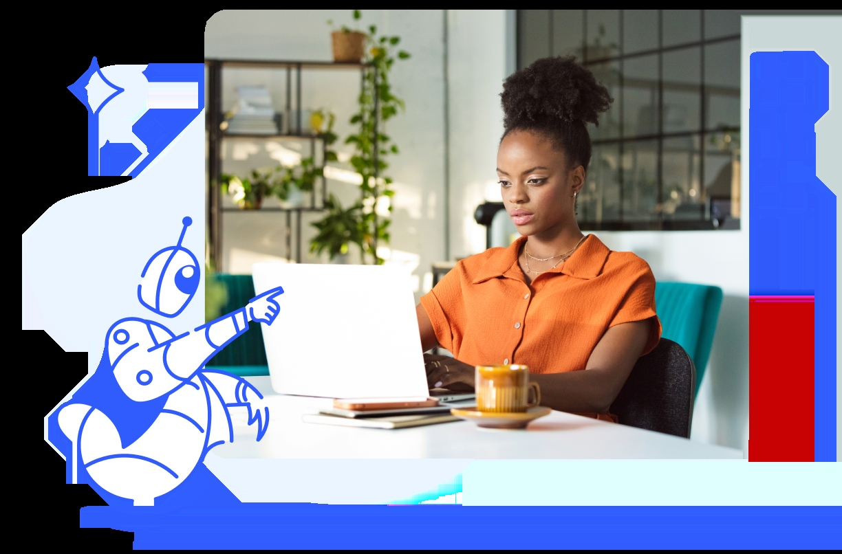 Illustration and photo showing a woman with a laptop illustrating the use of generative AI chatbots