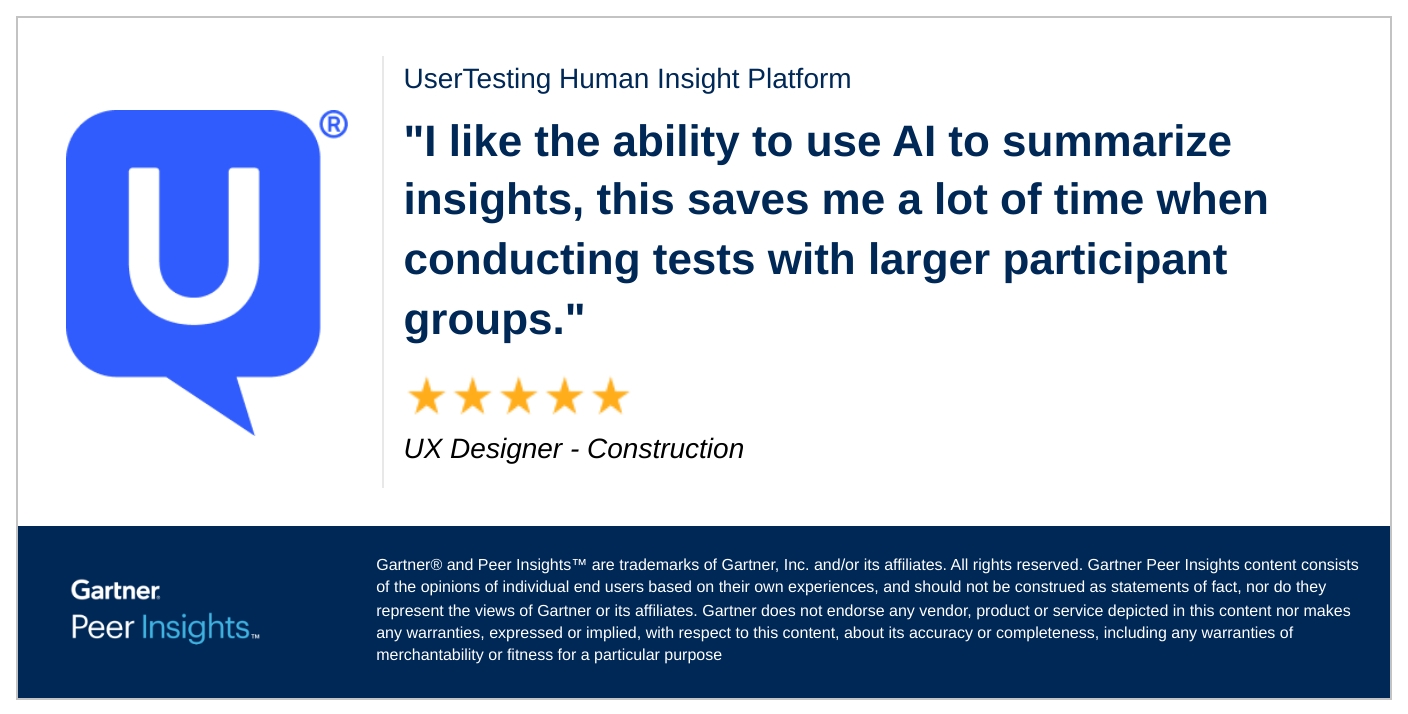 Image of Gartner review of UserTesting's AI capabilities
