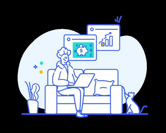 Illustration of person sitting on couch with laptop