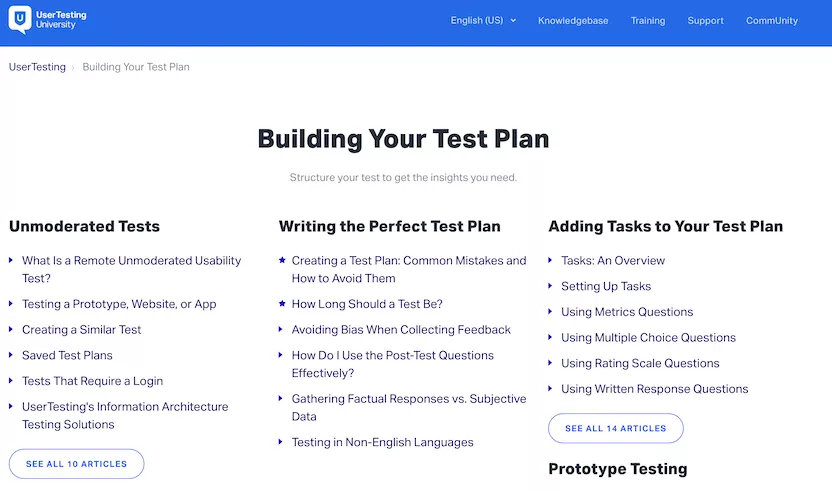 Screenshot of UserTesting's Knowledgebase