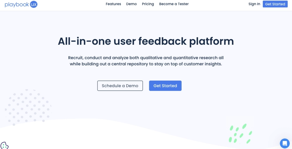 Screenshot of PlaybookUX's homepage with the header "All-in-one userfeedback platform."