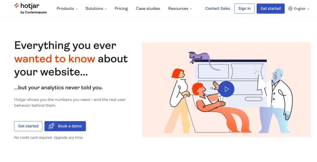 Illusration of 3 people and a cat standing in front of a website with a play button indicating it's a video