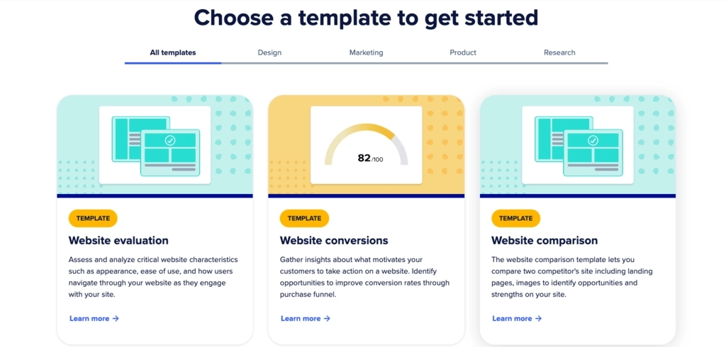 Screenshot of UserTesting test template gallery.