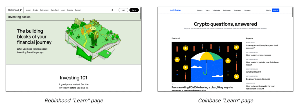 robinhood and coinbase learn pages