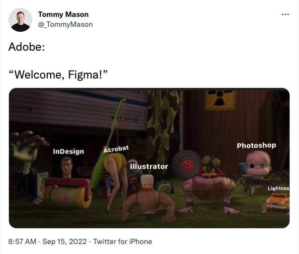 A Tweet poking fun at Figma being acquired by Adobe.