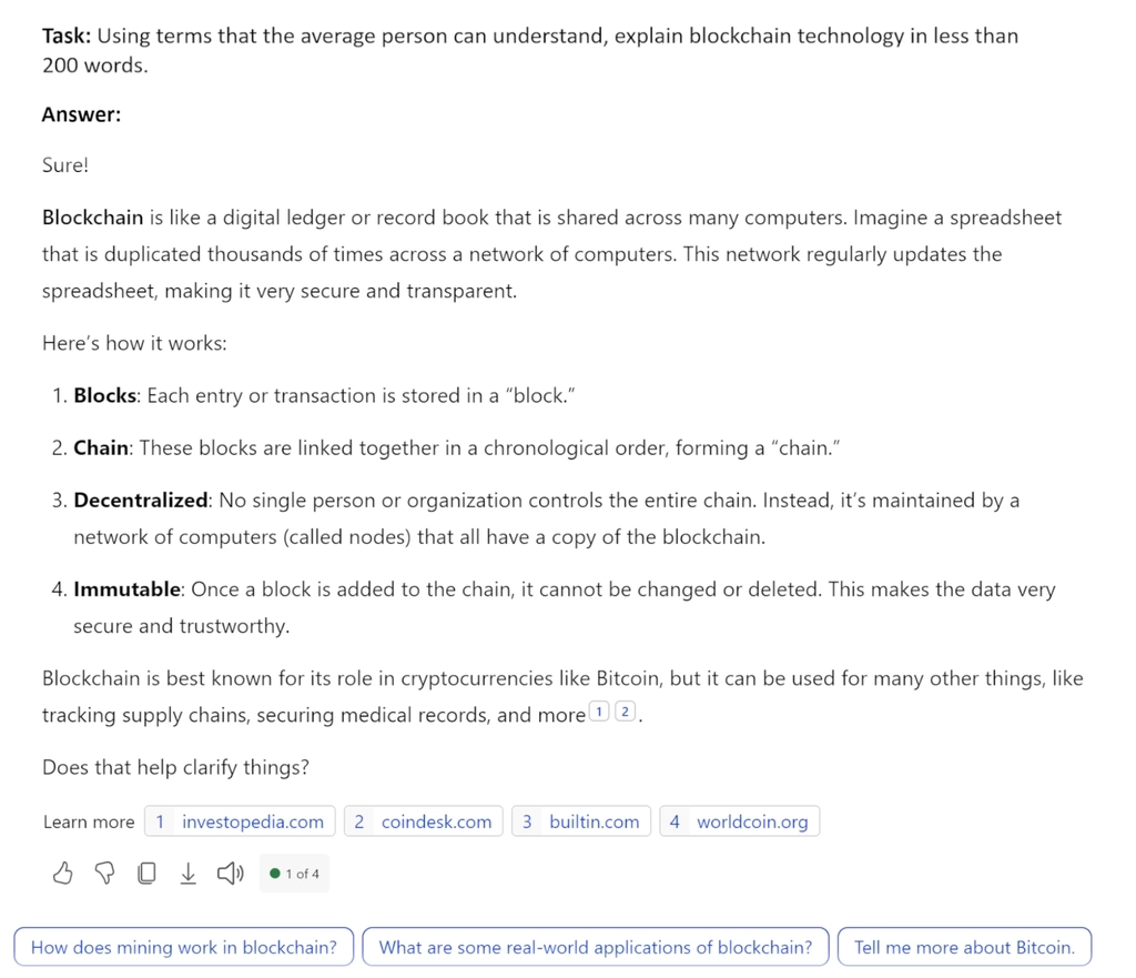 Copilot's response was nine very short paragraphs, four of which were numbered and inclued bolded text. There were also emojis embedded in the text, and links at the end.