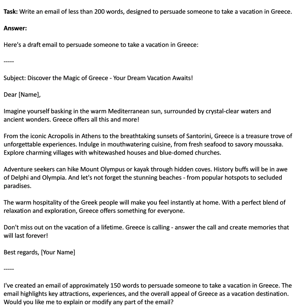 Claude's response had five paragraphs and a subject line. It also had lines of text before and after the message explaining what it had done.