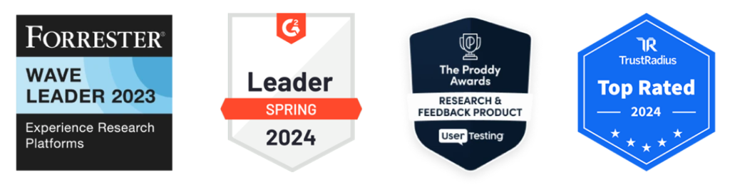 group of UserTesting award logos, G2 leader 2024, Proddy Award, Forrester Wave, TrustRadius best of 2023