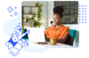 Illustration and photo showing a woman with a laptop illustrating the use of generative AI chatbots