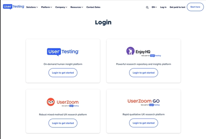 Login page for UserTesting, EnjoyHQ, Userzoom and Userzoom GO