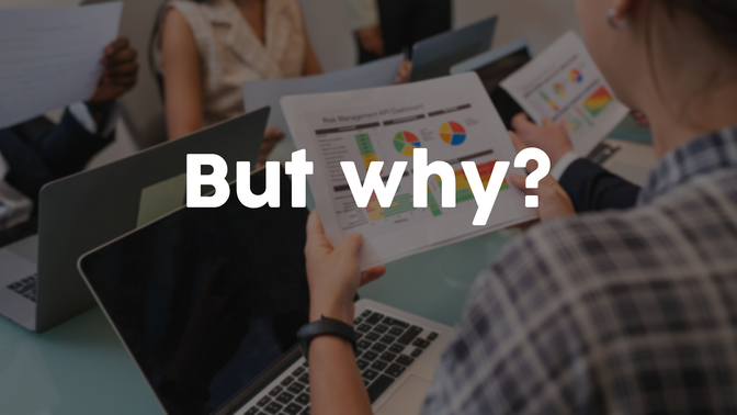 Image of people looking at analytics, but asking the question why