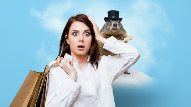 Image of a woman shopper with Punxsutawney Phil in the background