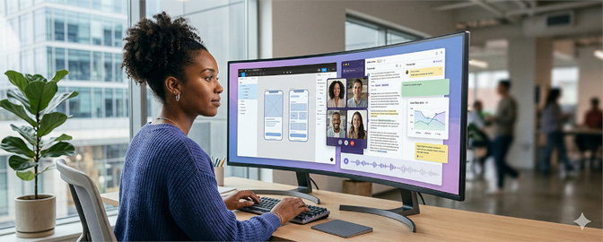 person looking at large work screen