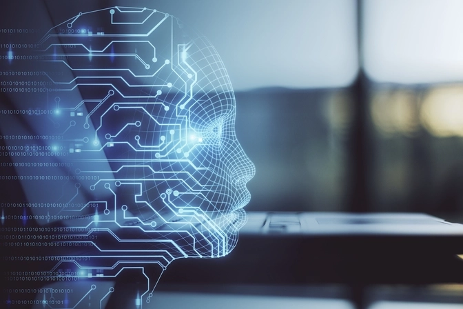 Illustration of a robotic face hovering over a cell phone