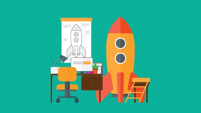 Illustration of a rocketship and a desk