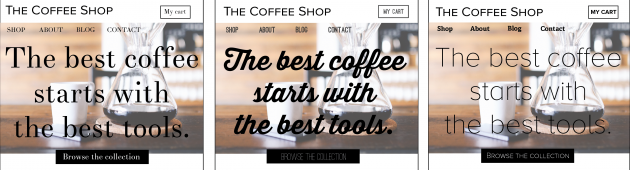 three versions of the same website with different fonts