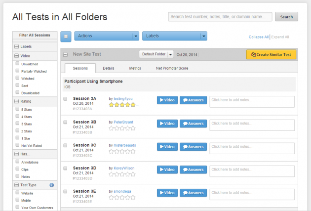 UserTesting dashboard