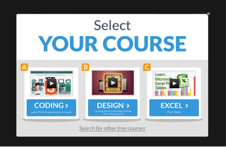 "Select your course: Coding, Design, Excel"
