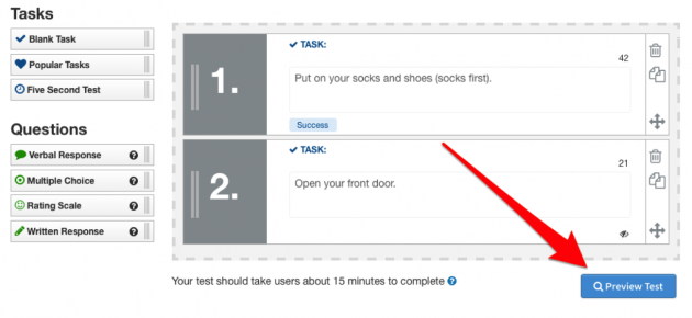 Preview test button in lower right-hand corner of task editor